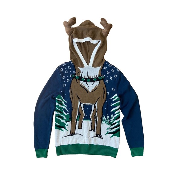 Ugly Christmas Sweater Unisex Medium Hooded Reindeer Sweater w Antlers Holidays - Picture 1 of 8